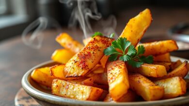 Gomos grossos de batata com casca, dourados e crocantes por fora, polvilhados com páprica defumada e salsinha fresca, servidos em um prato rústico.
