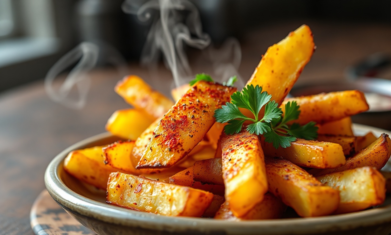 Batata Outback Caseira: Crocante Por Fora, Cremosa Por Dentro 3 Gomos grossos de batata com casca, dourados e crocantes por fora, polvilhados com páprica defumada e salsinha fresca, servidos em um prato rústico.