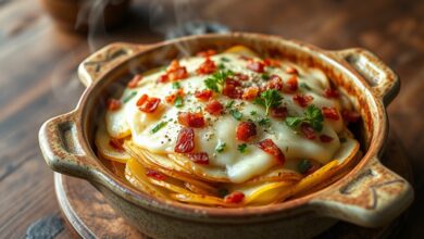 batata recheada na travessa com bacon e queijo 0