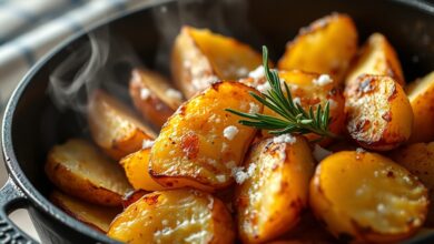 Gomos de batata dourados e crocantes com alecrim fresco, prontos para servir.