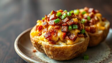 Batata suíça com a casca dourada e crocante, recheada generosamente com bacon e cheddar derretido, finalizada com cebolinha fresca.