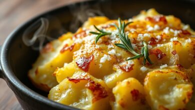 Batatas ao murro com casca rachada e dourada, macias por dentro, servidas com alecrim fresco em assadeira rústica.