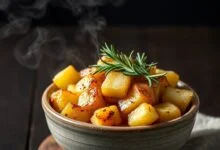Batatas douradas com bordas rústicas e alecrim fresco em um bowl de cerâmica.