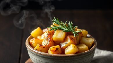 Batatas douradas com bordas rústicas e alecrim fresco em um bowl de cerâmica.