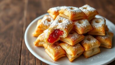 Biscoitinhos dourados, crocantes e polvilhados com açúcar de confeiteiro, com o recheio de goiabada vermelha visível.