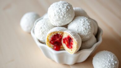Uma tigela de vidro cheia de bem-casados perfeitamente enrolados e polvilhados, com um cortado ao meio mostrando o recheio de goiabada.