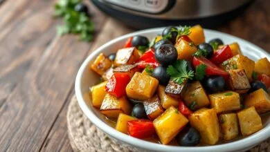 Cubos de berinjela dourados e firmes, salpicados com azeitonas fatiadas e cheiro-verde fresco, prontos para servir.
