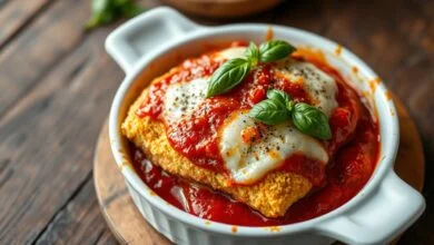 Bife empanado com panko coberto por molho de tomate caseiro vibrante e muçarela derretida borbulhante, com bordas douradas levemente tostadas