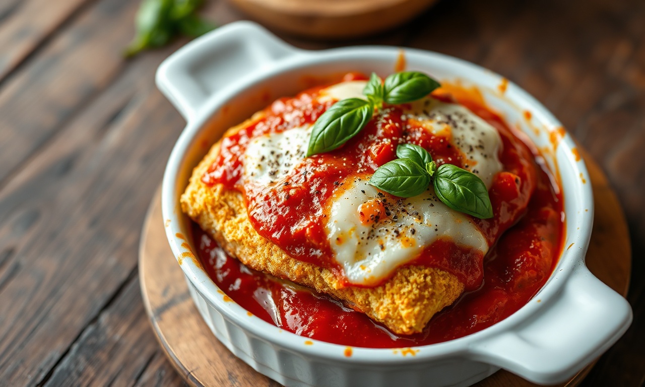 Bife empanado com panko coberto por molho de tomate caseiro vibrante e muçarela derretida borbulhante, com bordas douradas levemente tostadas