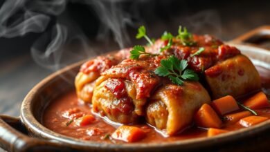 Rolinhos de carne dourados mergulhados em um molho de tomate rico e encorpado