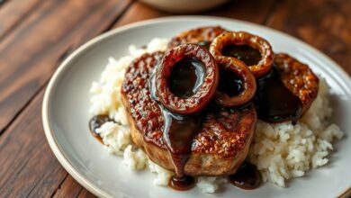 Bifes de alcatra com crosta dourada cobertos por cebolas caramelizadas brilhantes, servidos com arroz branco soltinho