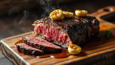 Bife ancho fatiado com crosta dourada escura, interior rosado e suculento, servido sobre tábua de madeira com gotas de manteiga e alho caramelizado.