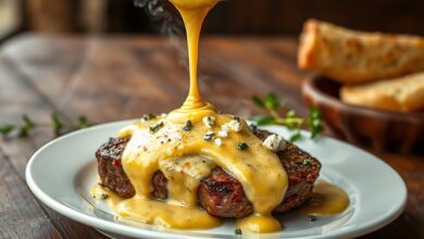 Fatia de bife grelhado coberta por um molho 4 queijos dourado e elástico, com fios de muçarela e pedaços de gorgonzola visíveis.