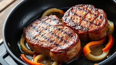 Bifes de filé mignon com uma crosta dourada perfeita, acompanhados de cebola, tomate e pimentão caramelizados.