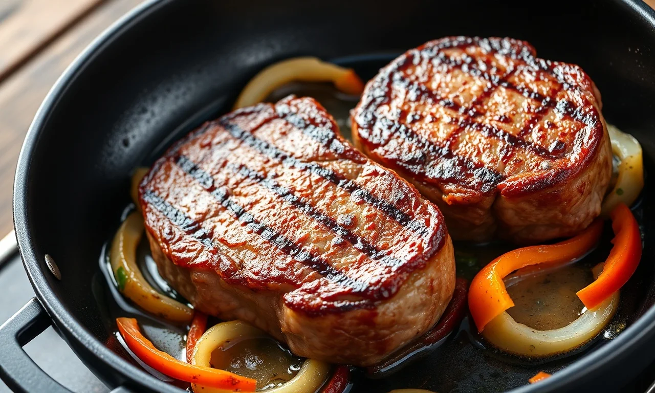 Como Fritar Carne Sem Óleo: Suculenta E Crocante Em 20 Min 3 Bifes de filé mignon com uma crosta dourada perfeita, acompanhados de cebola, tomate e pimentão caramelizados.