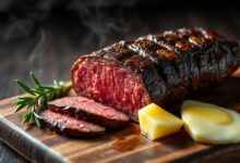 Bife de chorizo com crosta escura e uniforme, fatiado para mostrar o interior rosado e suculento, servido em uma tábua rústica com um ramo de alecrim fresco.