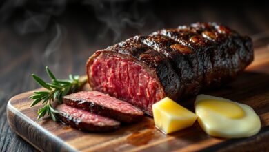 Bife de chorizo com crosta escura e uniforme, fatiado para mostrar o interior rosado e suculento, servido em uma tábua rústica com um ramo de alecrim fresco.