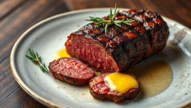 Bife de chorizo com crosta caramelizada e centro perfeitamente rosado, fatiado e servido em um prato rústico.