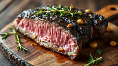 Bife de alcatra com crosta dourada e aromática, fatiado para revelar interior rosado e suculento, coberto com folhas de orégano fresco e lascas de alho dourado.
