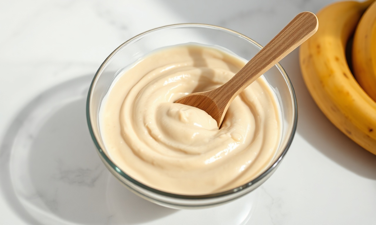 Um bowl de biomassa de banana verde com textura aveludada e cor bege claro, pronta para consumo.