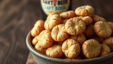 Vista de uma tigela cheia de biscoitinhos de cerveja dourados e perfeitamente redondos, com o acabamento brilhante do açúcar cristal.
