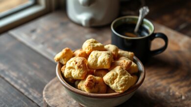 Tigela de barro repleta de biscoitinhos caipiras dourados e irregulares, perfeitos para o café.