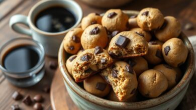 Uma tigela de cerâmica rústica transbordando de biscoitinhos de café dourados, com pedaços visíveis de chocolate derretido e amendoim torrado.
