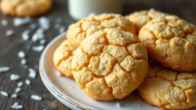 Biscoitinhos de coco dourados, com bordas crocantes e centro macio, servidos em uma travessa rústica.