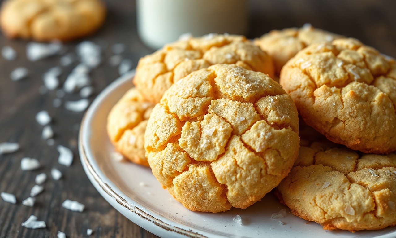 Biscoitinho De Coco Fofinho E Crocante: Pronto Em 35 Min 3 Biscoitinhos de coco dourados, com bordas crocantes e centro macio, servidos em uma travessa rústica.