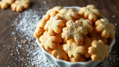 Uma tigela branca cheia de biscoitinhos de maisena dourados e empoeirados, com as marcas características do garfo, prontos para servir.