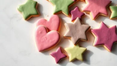 Biscoitinhos de manteiga com glacê real vibrante em tons de rosa (beterraba), verde (matcha) e roxo (açaí), com acabamento liso e detalhes delicados, dispostos sobre superfície de mármore branco.