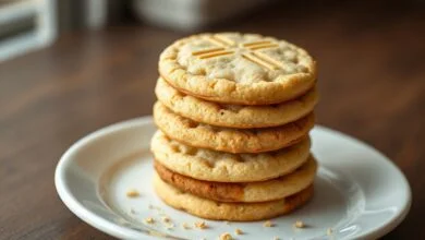 Vista de um prato com biscoitos amanteigados dourados, com marcas de garfo, prontos para servir.