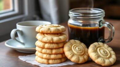 Biscoitos amanteigados em formato de roseta com bordas levemente douradas, empilhados em um pote de vidro rústico ao lado de uma xícara de café.