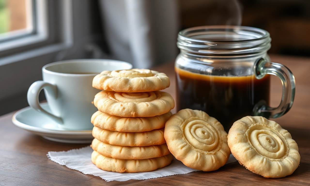 Biscoitos amanteigados em formato de roseta com bordas levemente douradas, empilhados em um pote de vidro rústico ao lado de uma xícara de café.