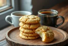 Biscoitos de fécula dourados, com rachaduras características no topo, prontos para servir.