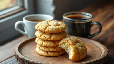 Biscoitos de fécula dourados, com rachaduras características no topo, prontos para servir.