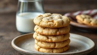 Pilha de biscoitos de leite dourados e farofentos, prontos para servir.