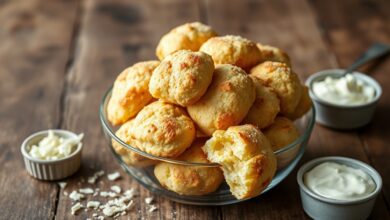 Uma tigela de vidro cheia de biscoitos de queijo dourados e perfeitamente assados, com uma textura crocante visível e um interior macio.