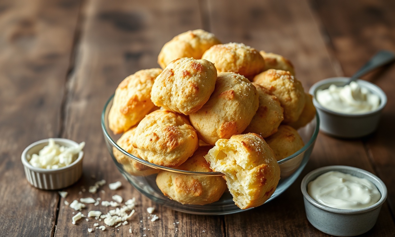 Uma tigela de vidro cheia de biscoitos de queijo dourados e perfeitamente assados, com uma textura crocante visível e um interior macio.