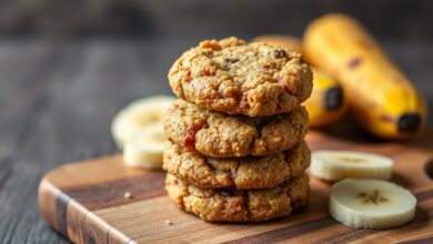 Biscoitos redondos e dourados com pedaços de quinoa visíveis, perfeitos para um lanche saudável.