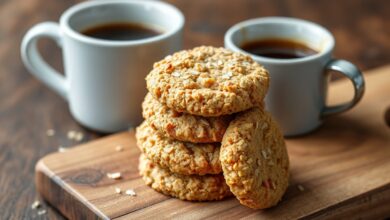 Biscoitos redondos e dourados com textura granulada, perfeitos para o café da tarde.