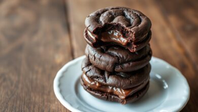Pilha de biscoitos de chocolate escuro com recheio cremoso visível, prontos para servir.