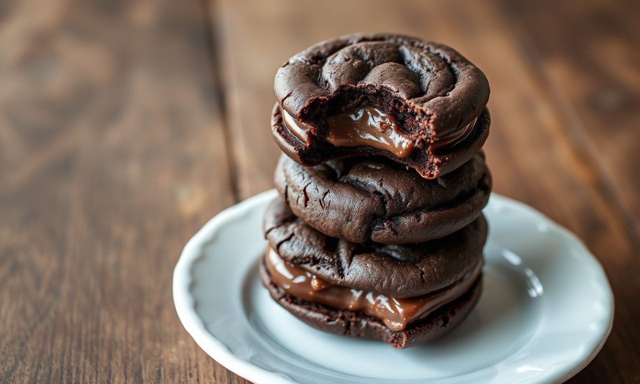 Pilha de biscoitos de chocolate escuro com recheio cremoso visível, prontos para servir.