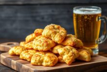 Biscoitos salgados dourados, crocantes e quebradiços, com pedacinhos de queijo parmesão visíveis, servidos em uma travessa de madeira ao lado de um copo de cerveja.