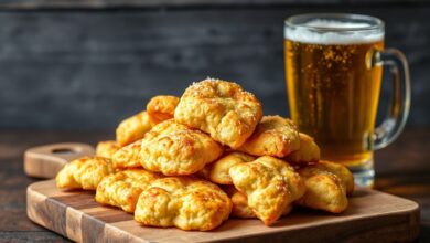 Biscoitos salgados dourados, crocantes e quebradiços, com pedacinhos de queijo parmesão visíveis, servidos em uma travessa de madeira ao lado de um copo de cerveja.