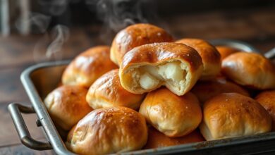 Bisnaguinhas douradas, fofinhas e empilhadas, prontas para o café da tarde.