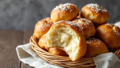 Pãezinhos de leite dourados, fofos e empilhados em uma cesta de palha, com um deles aberto ao meio revelando a textura macia.