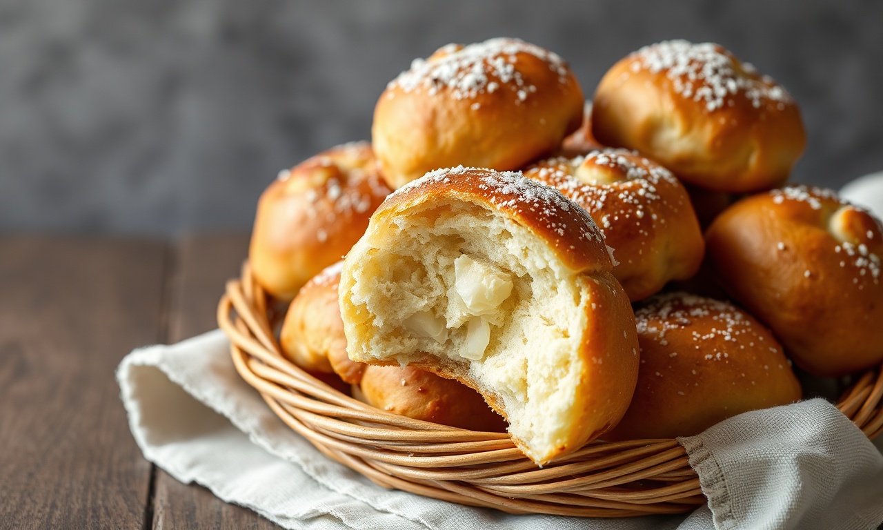 Pãezinhos de leite dourados, fofos e empilhados em uma cesta de palha, com um deles aberto ao meio revelando a textura macia.