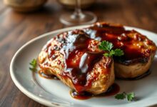 Bistecas de porco douradas e brilhantes, cobertas por molho barbecue espesso e caramelizado, servidas em um prato de cerâmica rústica com vapor subindo.
