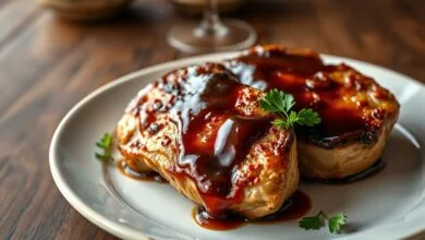 Bistecas de porco douradas e brilhantes, cobertas por molho barbecue espesso e caramelizado, servidas em um prato de cerâmica rústica com vapor subindo.